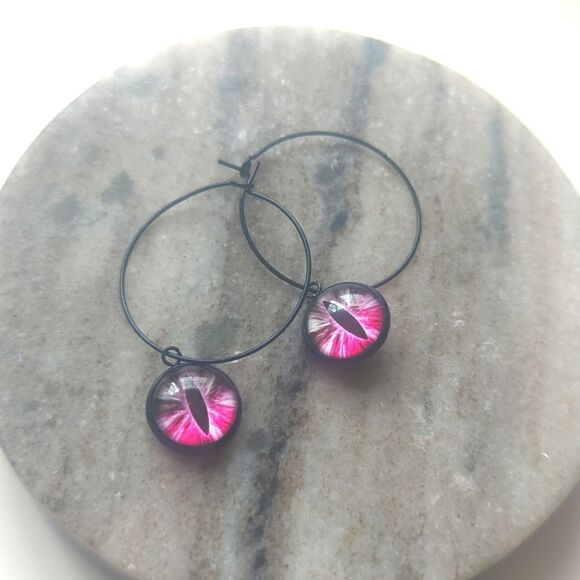 Gold or Black Stainless Steel Dangle Dragon Snake Eye Round Circle Hoop Earrings - Picture 1 of 8